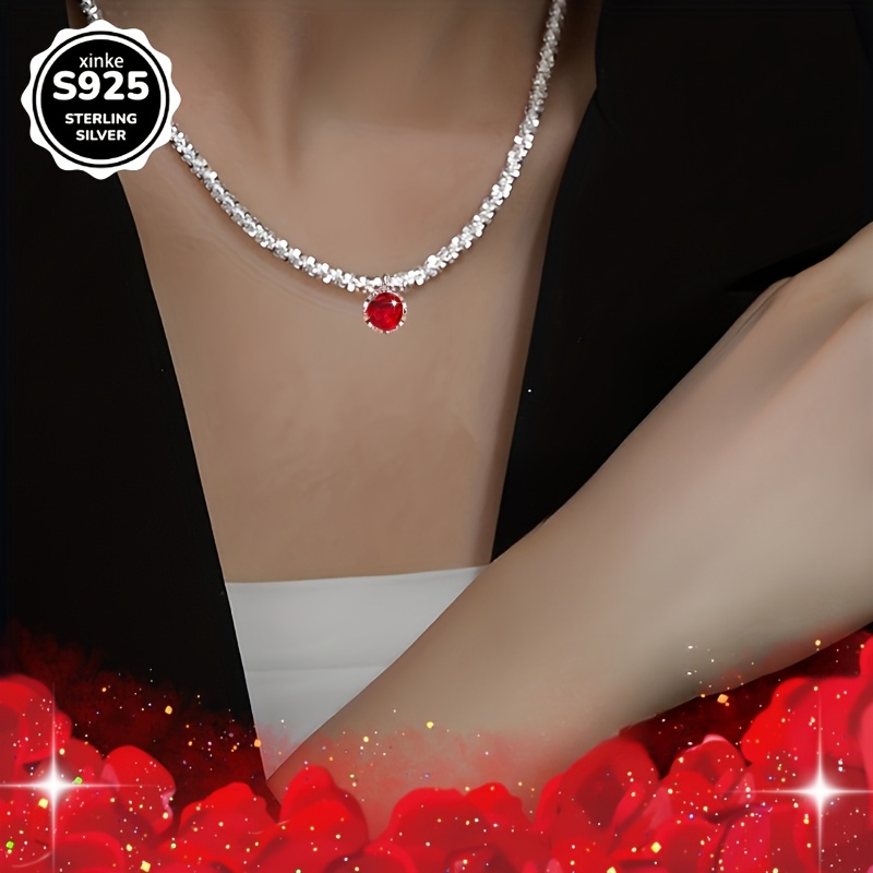 Stylish 925 Sterling Silver Red Zirconia Pendant Necklace